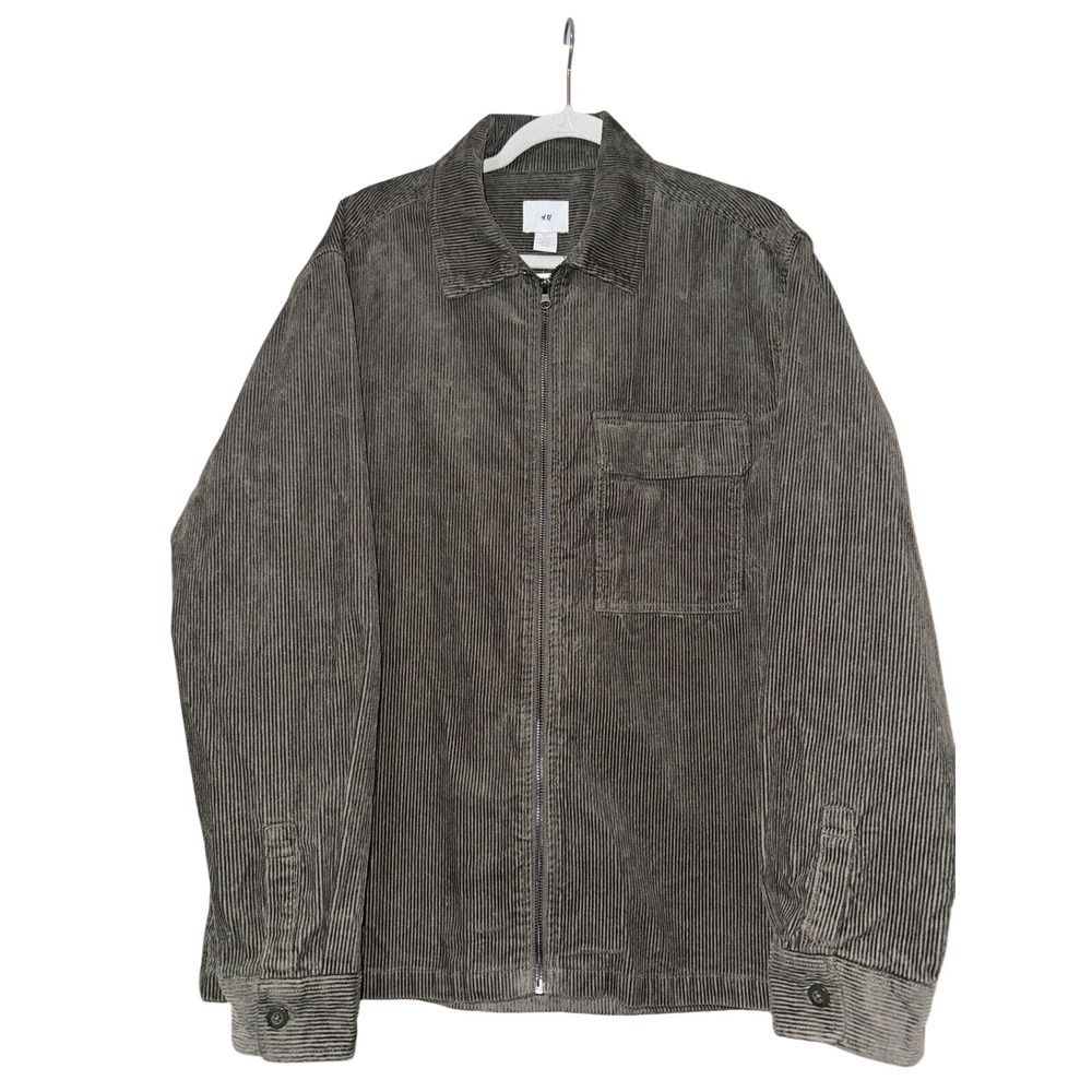 H&M Corduroy Jacket Mens Large Olive Green Full‎ Zip Collared Long Sleeve Pocket
